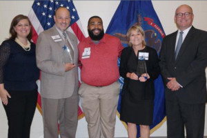  From left, Brandy Johnson, Michigan College Access Network; Steven Lipnicki, Grand Valley; Marq Hicks; Tina Hoxie, Grand Rapids Community College; and James Robert Redford, Michigan Veterans Affairs Agency.