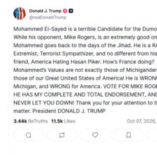 President Trump calls Abdul El-Sayed ‘Mohammed,’ post labeled racist