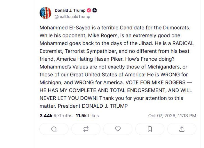 President Trump calls Abdul El-Sayed ‘Mohammed,’ post labeled racist